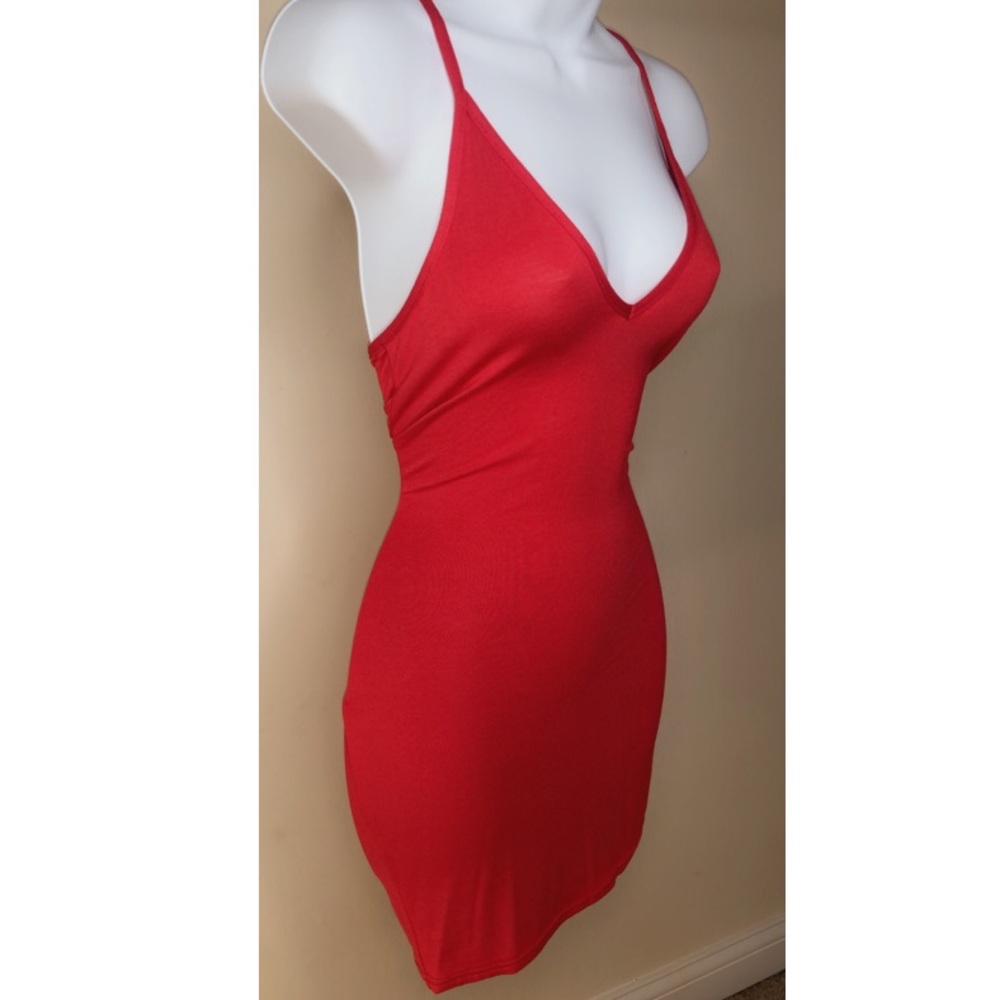 Red Ribbed Plunge Dress